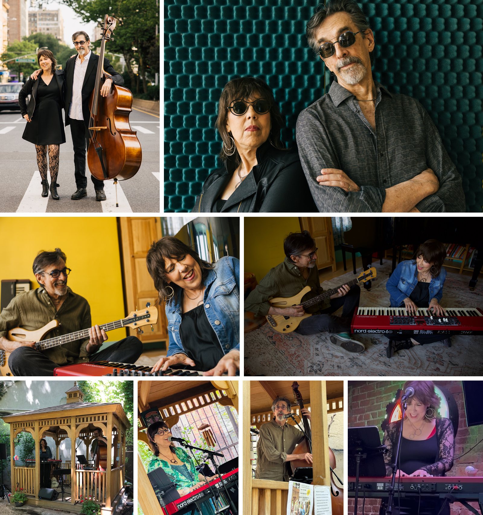 Eight photographs of Beth Falcone and Ritt Henn: in a New York crosswalk with his upright bass; in sunglasses against a teal studio wall; playing bass and keyboard against a yellow wall; playing on a rug beside a grand piano; performing in a wooden garden gazebo; Beth singing at a red keyboard in the gazebo; Ritt singing and playing upright bass in the gazebo; and Beth singing at a red keyboard in front of a brick wall.