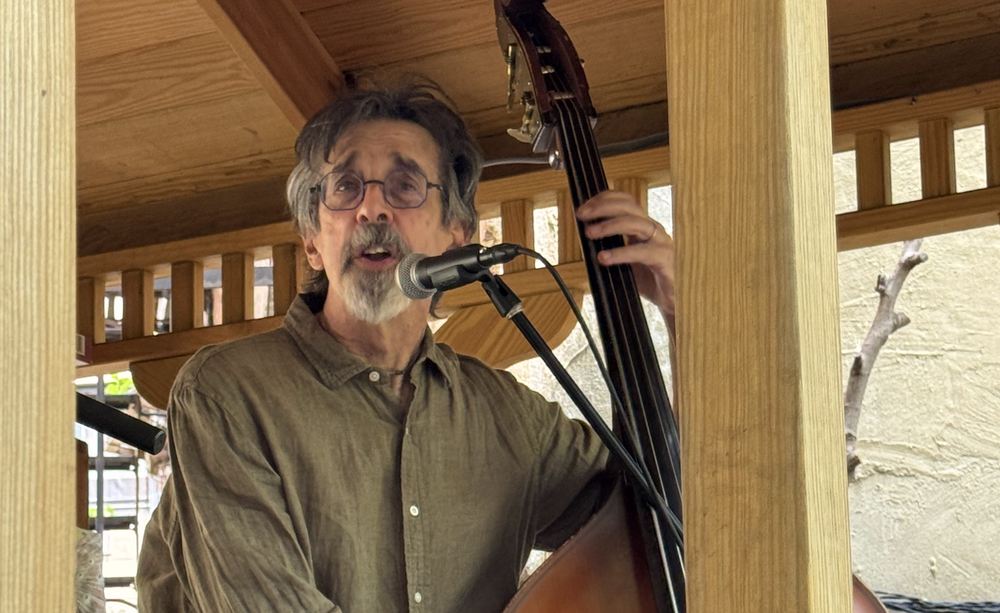 Ritt Henn singing and playing upright bass in the garden gazebo.