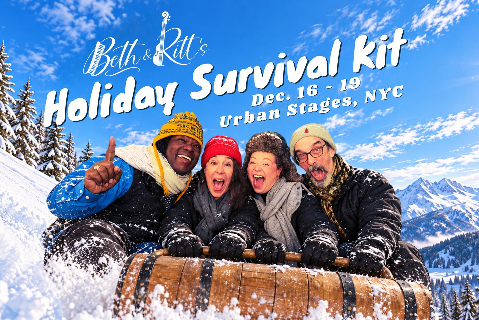 Beth & Ritt and guest singers on a toboggan in the snow &mdash; Holiday Survival Kit, Dec 16-19, Urban Stages NYC.