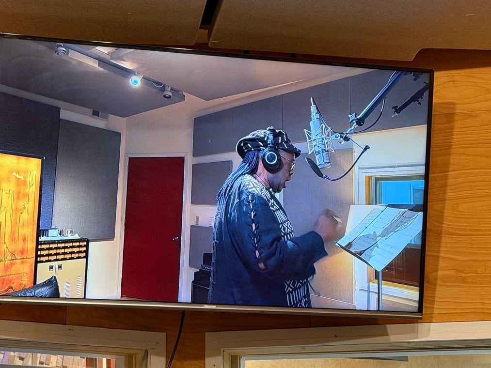 The monitor showing a vocalist singing at the mic.