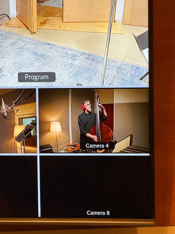 The camera feed showing Ritt Henn on upright bass in the live room.