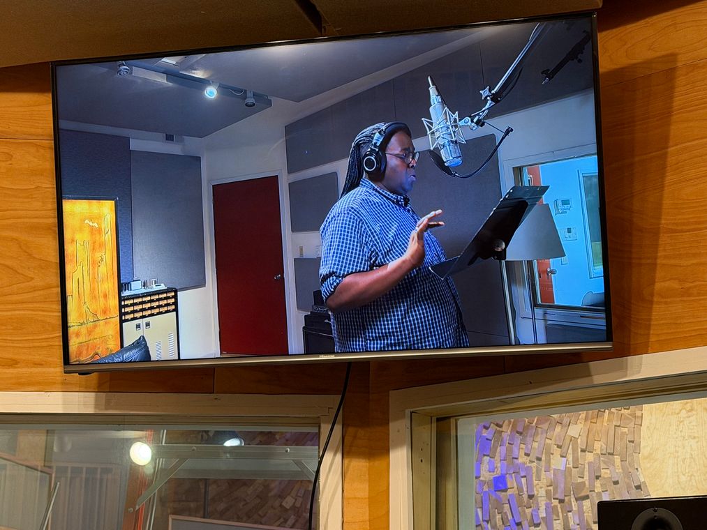 The monitor showing a singer in a checked shirt at the vocal mic.
